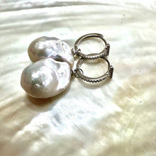 Load image into Gallery viewer, White Baroque Pearl Dangle Earrings, Rhodium or Gold Plated Cz Pave Sterling Silver Hoops
