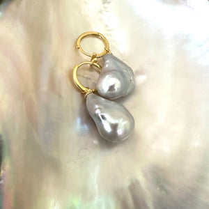 Grey Baroque Pearl Dangle Earrings, Cz Pave Gold Vermeil Plated Sterling Silver Hoops, Large Gray Freshwater Pearl Drop Earrings Pearls are 24mm long -drops 45mm approx