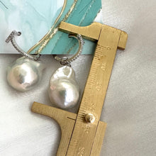 Load image into Gallery viewer, White Baroque Pearl Dangle Earrings, Rhodium or Gold Plated Cz Pave Sterling Silver Hoops
