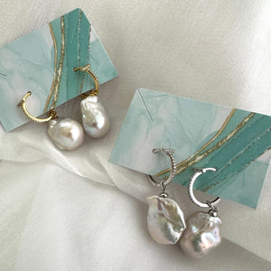 White Baroque Pearl Dangle Earrings, Rhodium or Gold Plated Cz Pave Sterling Silver Hoops