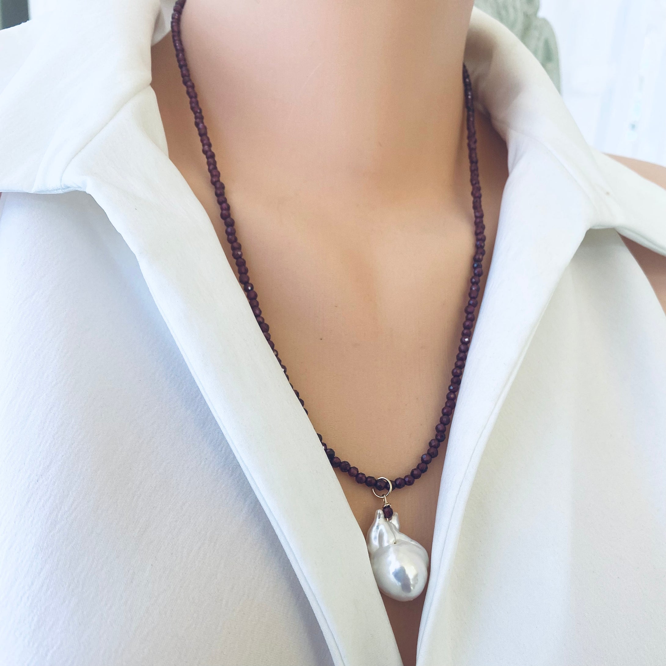Red Garnet & Baroque Pearl Pendant Necklace