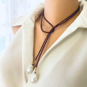 Red Garnet & two Large Baroque Pearls Lariat Necklace, January Birthstone, 42"in