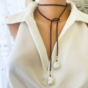 Red Garnet & two Large Baroque Pearls Lariat Necklace, January Birthstone, 42"in