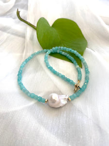 Blue Amazonite Beaded Necklace w Fresh Water White Baroque Pearl and Gold Filled Details, 17"inches