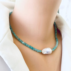 Blue Amazonite Beaded Necklace w Fresh Water White Baroque Pearl and Gold Filled Details, 17"inches
