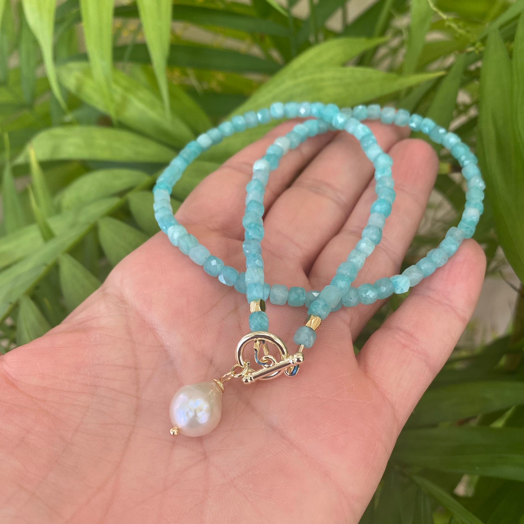 Blue Amazonite Toggle Necklace & Baroque Pearl Charm