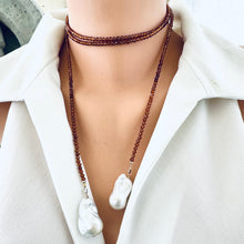 Charger l&#39;image dans la galerie, Single Strand Of Brandy Hessonite Garnet Beads &amp; Two Baroque Pearls Lariat Wrap Necklace, Gold Filled, 49&quot;in,
