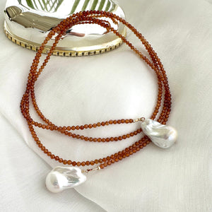 Single Strand Of Brandy Hessonite Garnet Beads & Two Baroque Pearls Lariat Wrap Necklace, Gold Filled, 49"in,