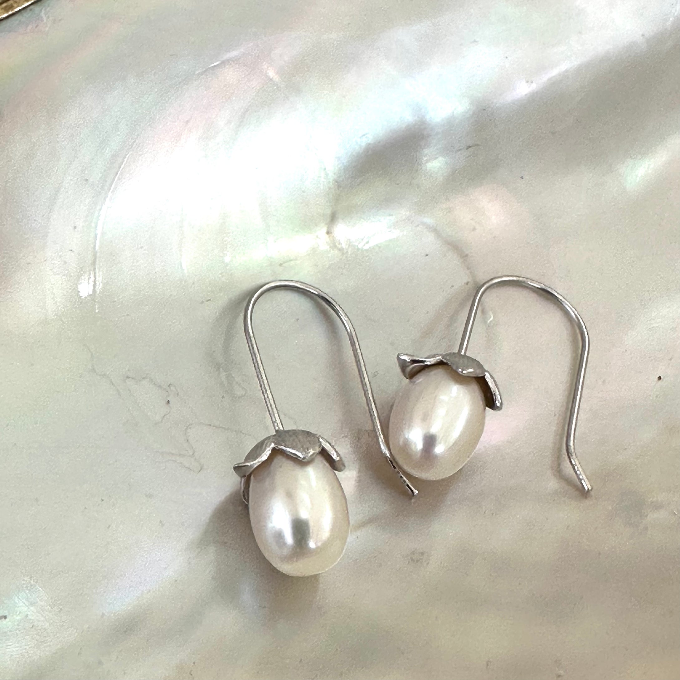Freshwater White Rice Pearl Tulip Earrings, Gold or Silver