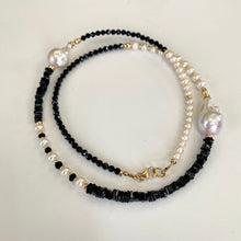 Load image into Gallery viewer, Asymmetric Black Spinel &amp; Freshwater Baroque Pearl Necklace, Gold Filled, 21.5&quot;inch
