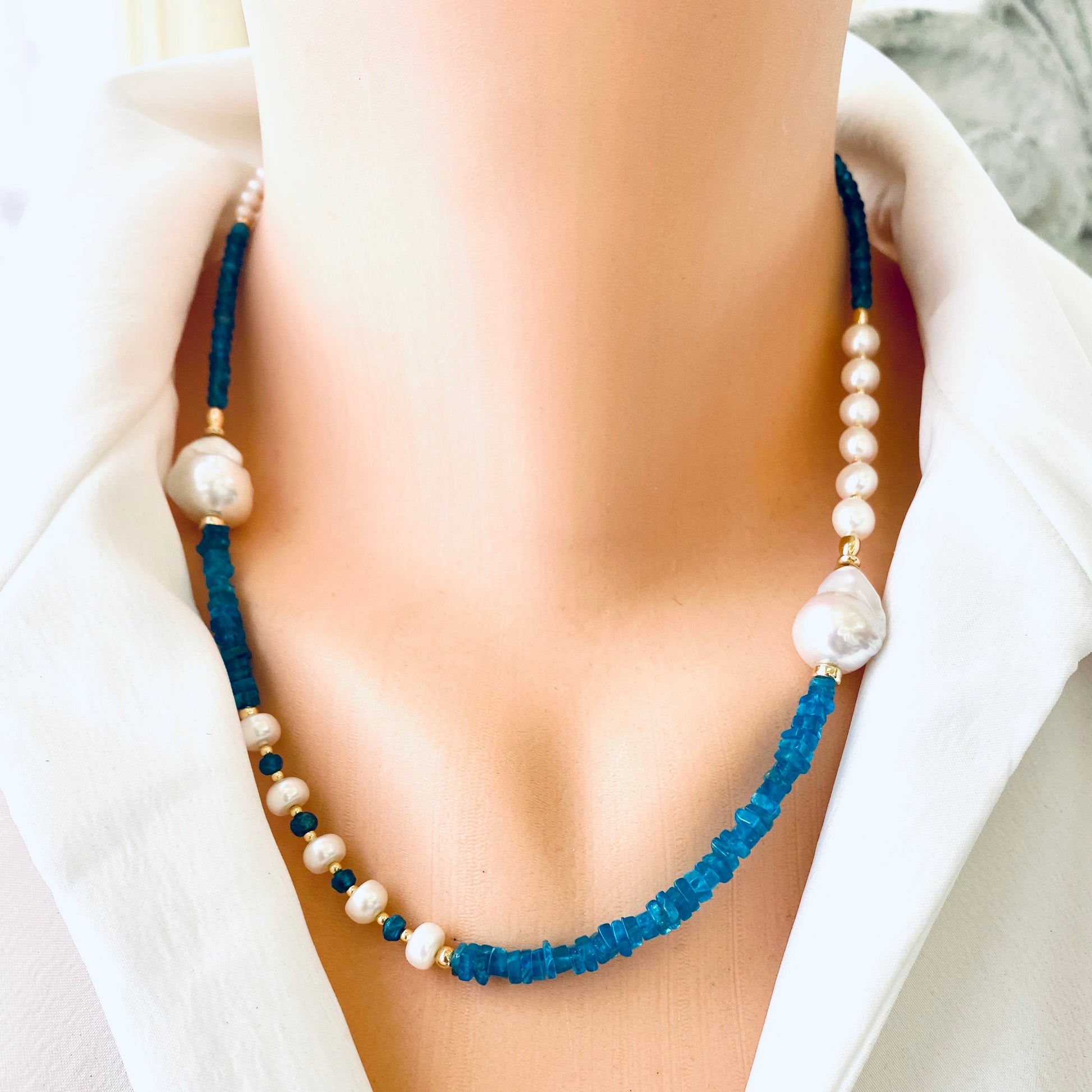 Blue Apatite Baroque Pearl Necklace | Asymmetric 14K Gold Filled showcasing vivid ocean-blue tones and freshwater pearls.