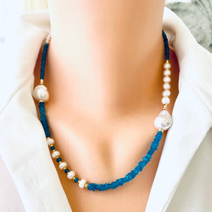 Asymmetric Blue Apatite & Freshwater Baroque Pearl Necklace, Gold Filled, 19"inch