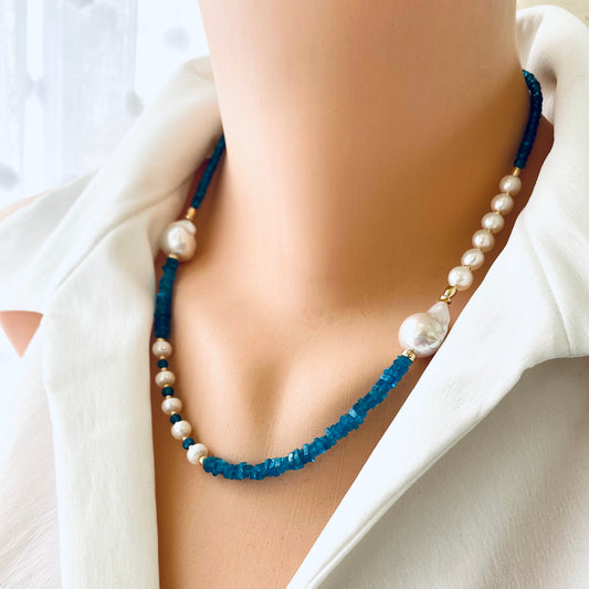 Blue Apatite Baroque Pearl Necklace | Asymmetric 14K Gold Filled worn by model showcasing unique design.