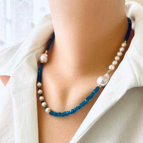 Asymmetric Blue Apatite & Freshwater Baroque Pearl Necklace, Gold Filled, in 19