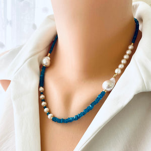 Asymmetric Blue Apatite & Freshwater Baroque Pearl Necklace, Gold Filled, in 19"inch 