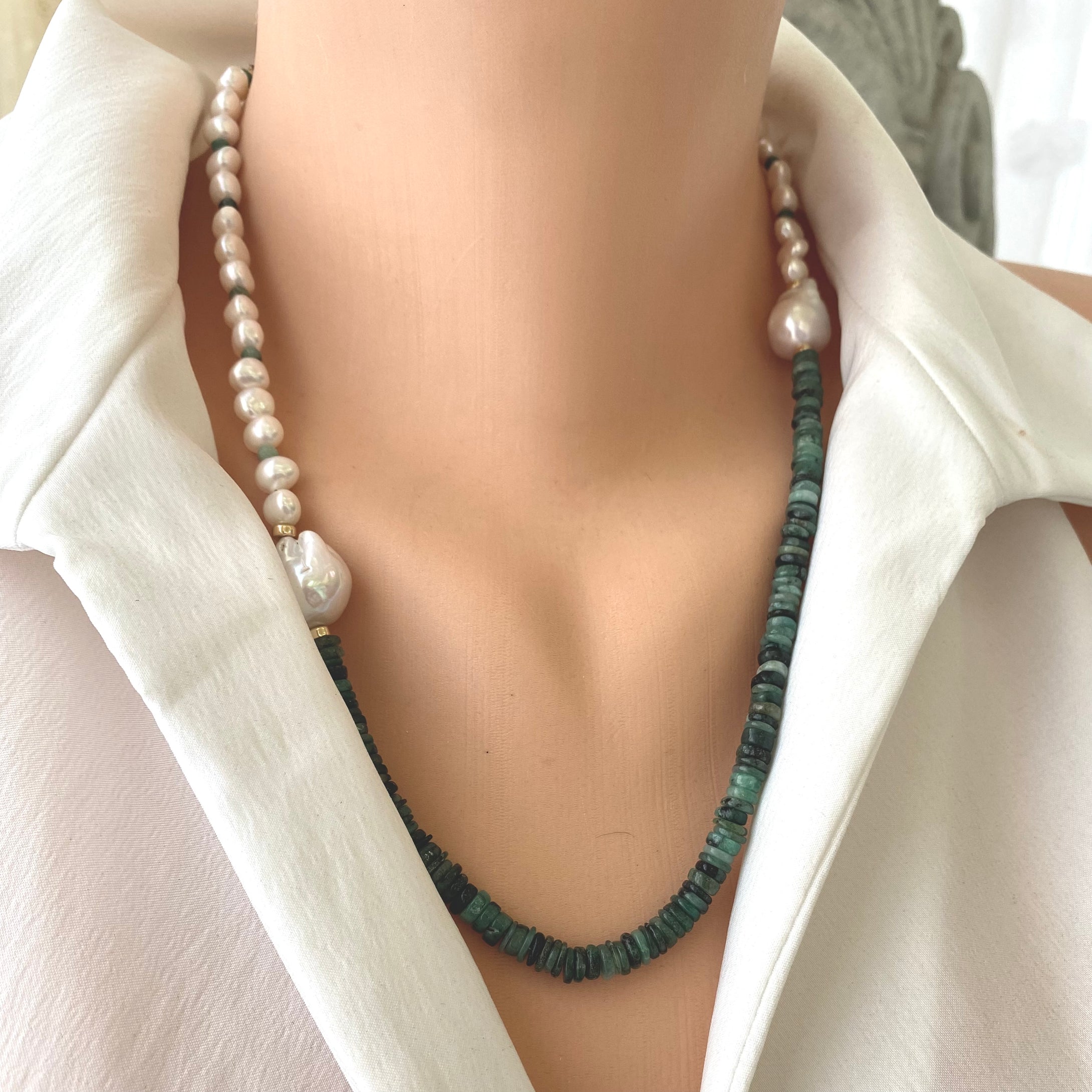 Asymmetric Emerald & Baroque Pearls Necklace, 14K GF