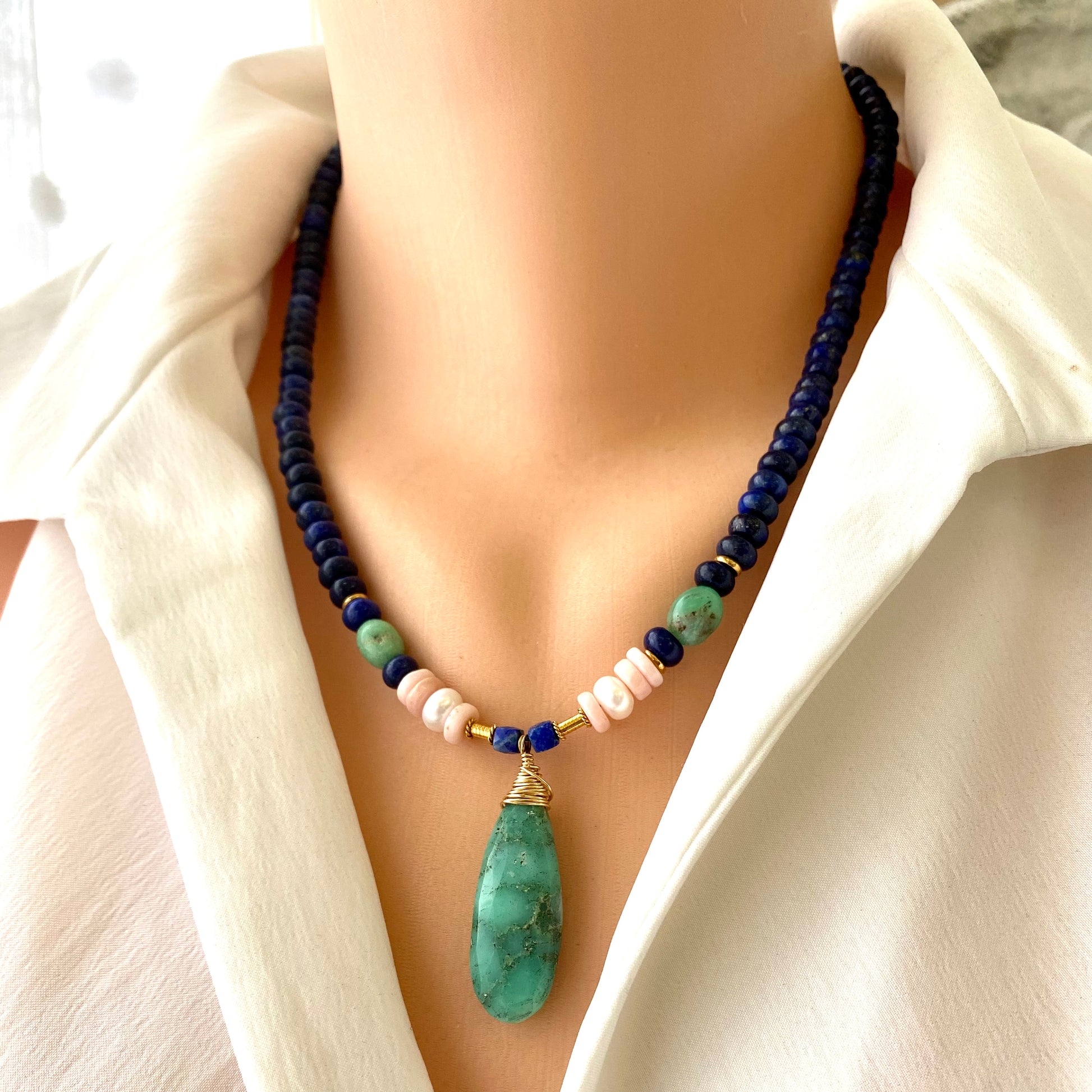 Lapis lazuli chrysoprase pink opal necklace featuring faceted chrysoprase drop pendant
