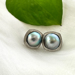 Peacock Light Grey Mabe Pearl Stud Earrings with Cz Accents, Sterling Silver