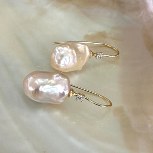 Golden Baroque Pearl Drop Earrings with CZ | Gold Vermeil Plated Silver Fish Hooks