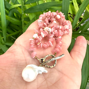 Rhodochrosite Beaded Necklace w Natural Pearls and Gold Bronze Artisan Toggle Clasp & Details