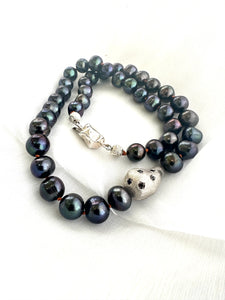 Black Pearl Necklace & Silver Baroque Inspired Element, 20"