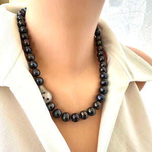 Black Pearl Necklace & Silver Baroque Inspired Element, 20"