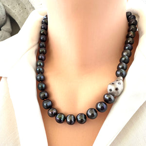 Fresh Water Black Pearl Necklace & Baroque Inspired Element, 20"inches, Sterling Silver