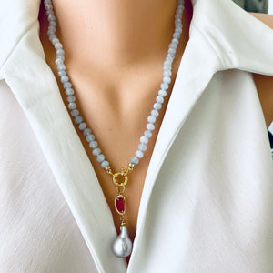 Aquamarine Candy Necklace, Baroque Pearl Pendant, Gold Vermeil, March Birthstone, 19-21"inches