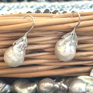 White Baroque Pearl Drop Earrings, in Silver or GV