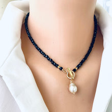 Load image into Gallery viewer, Black Tourmaline faceted cube beadsToggle choker Necklace holding a small Baroque Pearl Pendant to add an elegant touch to the piece. Gold plated details. Measuring 16 inches
