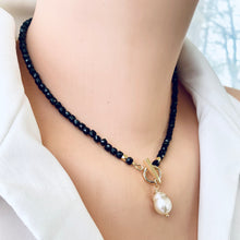 Load image into Gallery viewer, Black Tourmaline Toggle Necklace with Baroque Pearl Pendant, Gold Plated, 16&quot;inches
