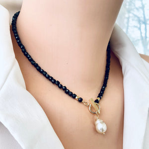 Black Tourmaline Toggle Necklace with Baroque Pearl Pendant, Gold Plated, 16"inches