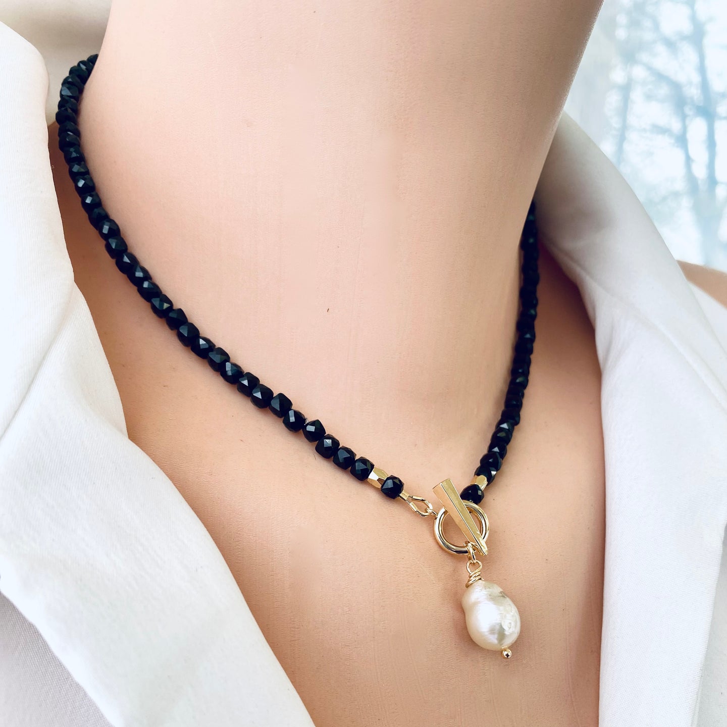 Black Tourmaline Toggle Necklace with Baroque Pearl Pendant, Gold Plated, 16