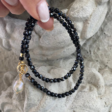 Load image into Gallery viewer, Black Tourmaline faceted cube beadsToggle choker Necklace holding a small Baroque Pearl Pendant to add an elegant touch to the piece. Gold plated details. Measuring 16 inches
