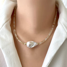 Load image into Gallery viewer, Minimalist necklace featuring 3mm faceted and shaded yellow golden citrine beads with a white baroque pearl in the center, adorned with gold vermeil plated silver beads. The necklace is 17.5 inches long and showcases citrine, the November birthstone.
