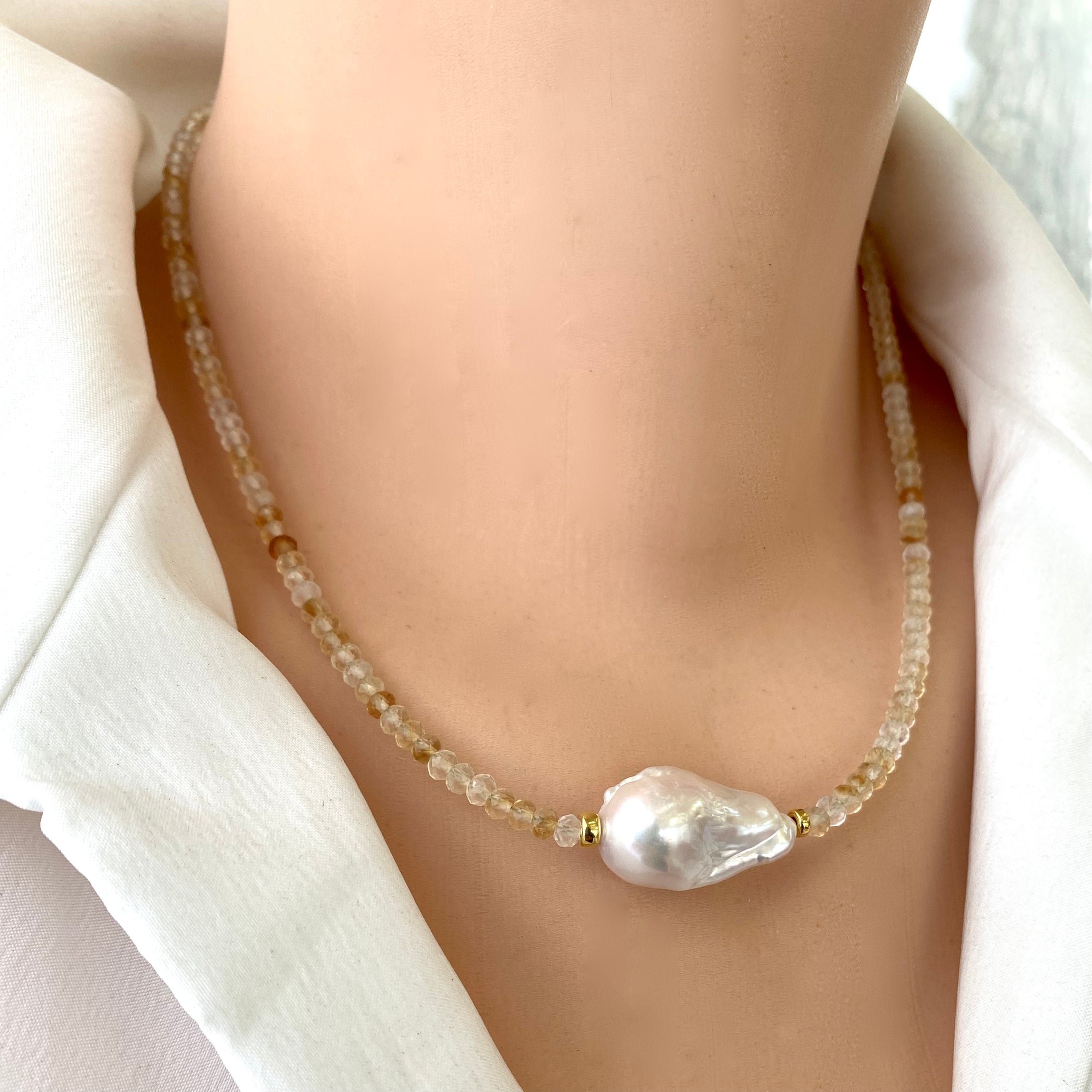 Citrine & White Baroque Pearl Necklace, 18