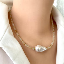 Cargar imagen en el visor de la galería, Citrine &amp; White Baroque Pearl Necklace, 18&quot;in, November Birthstone, Gold Vermeil Silver
