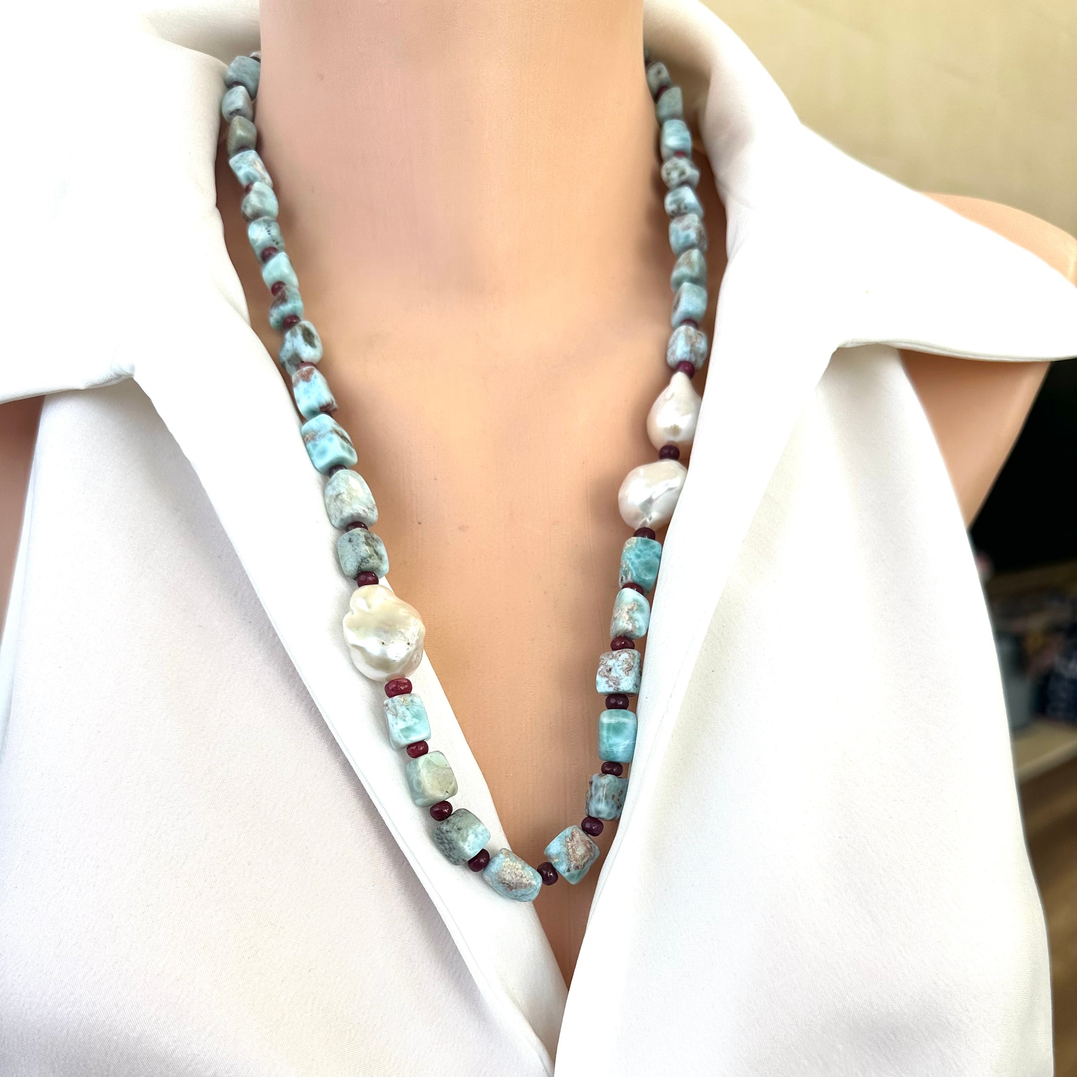 Blue Larimar, Red Rubies & Baroque Pearl Necklace