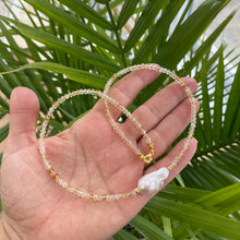 Load image into Gallery viewer, Minimalist necklace featuring 3mm faceted and shaded yellow golden citrine beads with a white baroque pearl in the center, adorned with gold vermeil plated silver beads. The necklace is 17.5 inches long and showcases citrine, the November birthstone.
