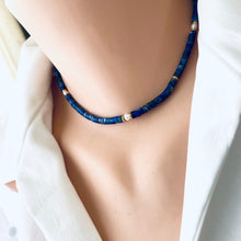 Charger l&#39;image dans la galerie, Lapis Lazuli &amp; Freshwater Pearl Choker Necklace, Gold plated, 15-16.5&quot;inches
