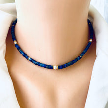 Charger l&#39;image dans la galerie, Lapis Lazuli &amp; Freshwater Pearl Choker Necklace, Gold plated, 15-16.5&quot;inches
