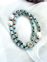 Cargar imagen en el visor de la galería, Blue Larimar, Red Rubies &amp; Baroque Pearl Necklace, 24.5”,  Silver Marine Clasp
