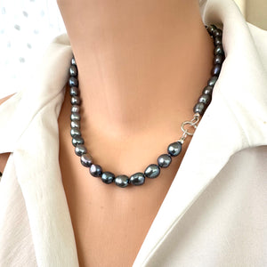 Black Pearl Necklace with White Baroque Pearl Removable Pendant, Silver, 18"