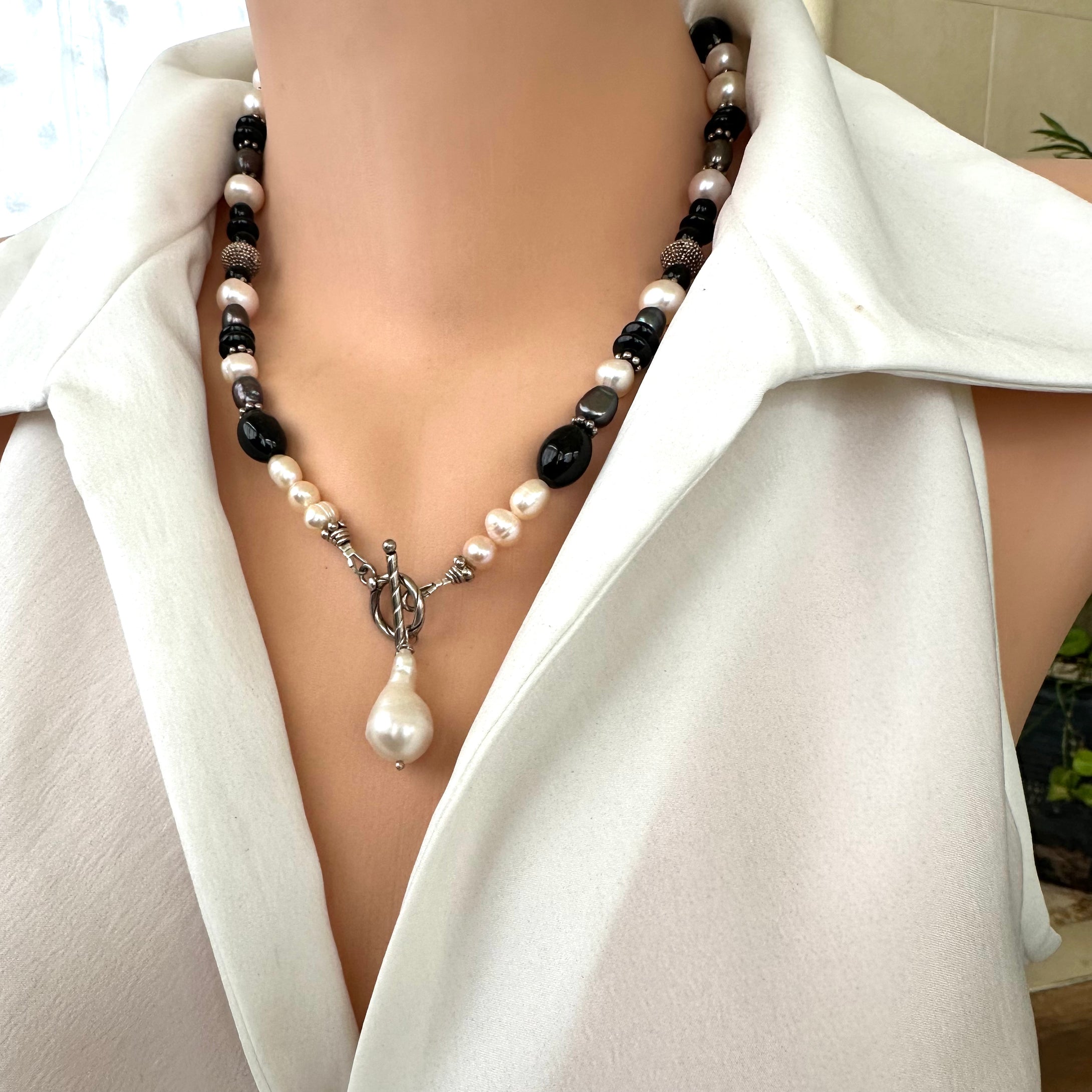 Black Onyx, Black & White Pearls Toggle Necklace
