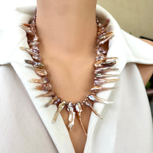 Cargar imagen en el visor de la galería, Spectacular Purplish Pink Biwa Pearls Necklace – 21” Inches – Gold Vermeil
