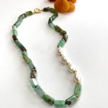 Carica l&#39;immagine nel visualizzatore di Gallery, Stylish Chrysoprase tube Beads Necklace with Gold Vermeil and 4 Freshwater Pearls on the side, Hand knotted with a green thread and finished with gold vermeil plated silver marine clasp, allowing you to add the pendant of your choice, 19&quot;inches long
