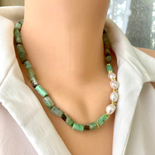 Charger l&#39;image dans la galerie, Chrysoprase Tube Beads Necklace w Gold Vermeil &amp; Fresh Water Pearls, 19&quot;Inches
