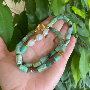 Stylish Chrysoprase tube Beads Necklace with Gold Vermeil and 4 Freshwater Pearls on the side, Hand knotted with a green thread and finished with gold vermeil plated silver marine clasp, allowing you to add the pendant of your choice, 19"inches long