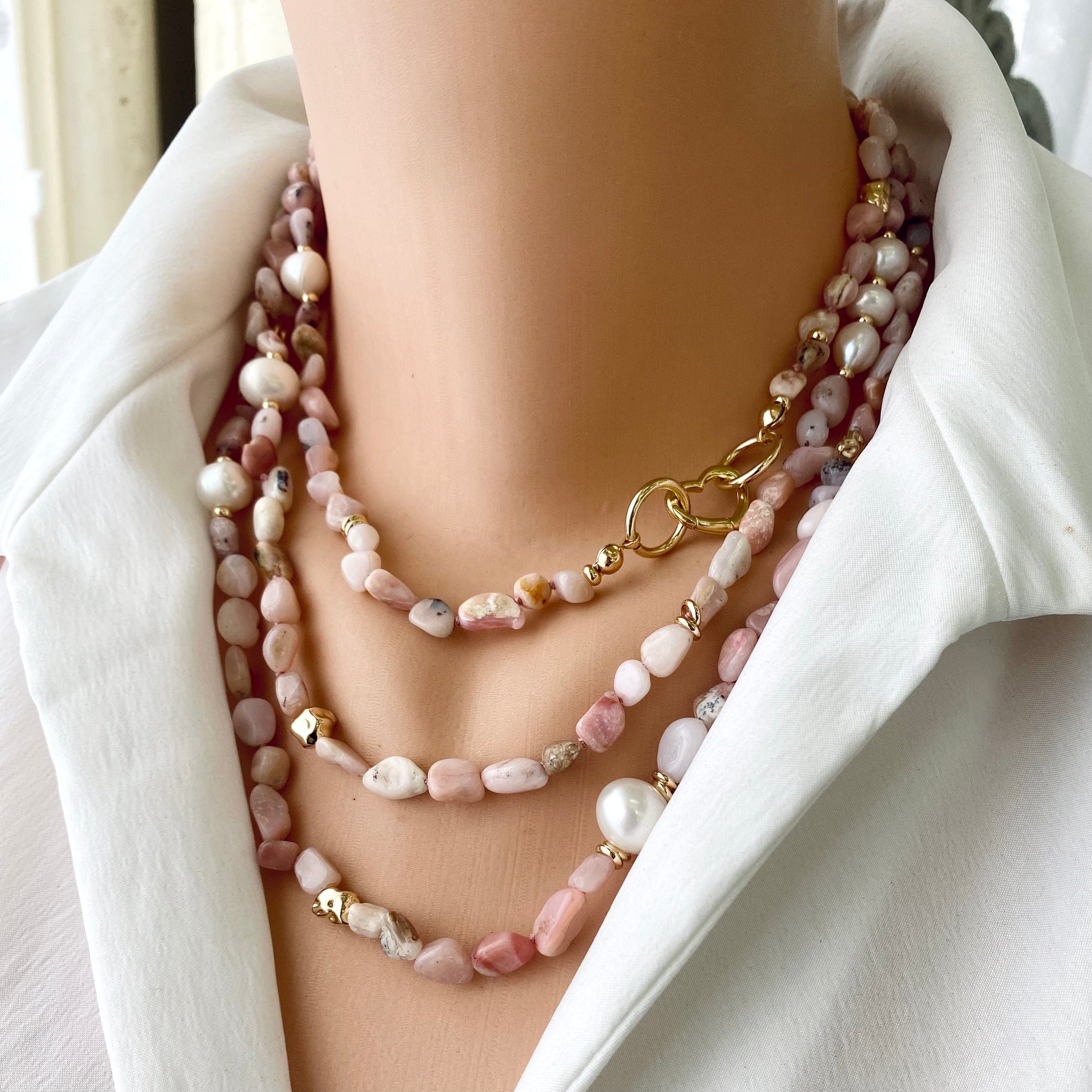 Baroque Pink Opal & Pearl Long Layered Necklace