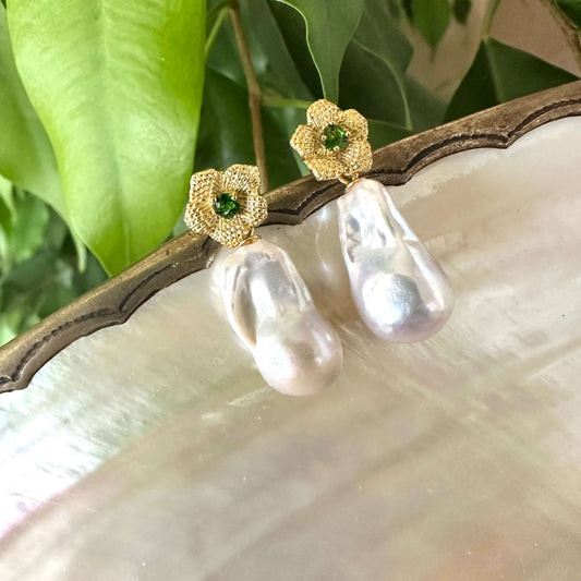 Chrome diopside pearl earrings with green gemstone studs and white baroque drops